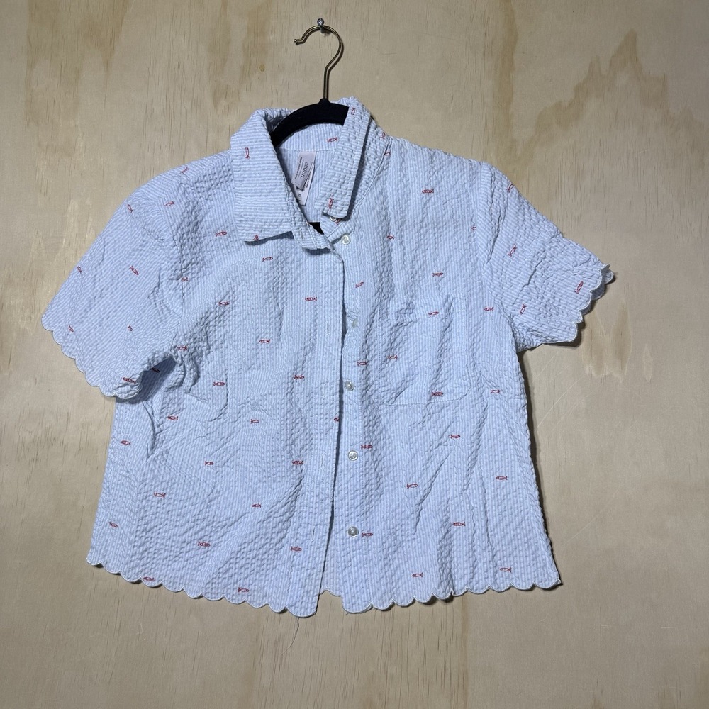 Auden Women's XS Blue Seersucker Fish Print Button Up Shirt Scalloped Coastal